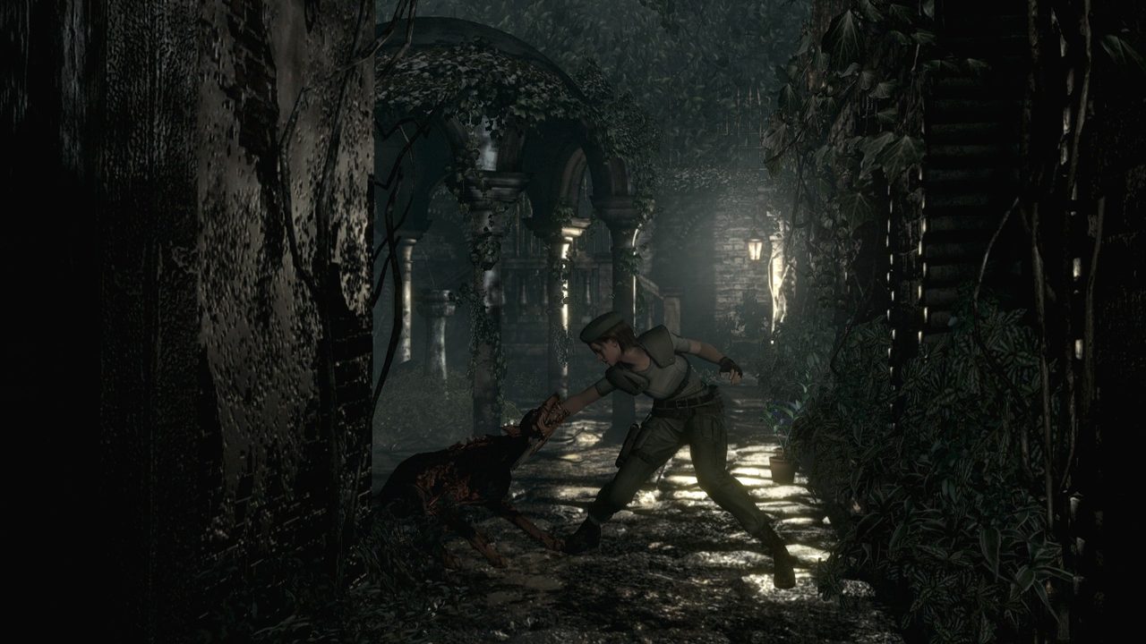 Jill Valentine facing a T-Virus-infected Cerberus dog in the Arklay forest, Resident Evil remake HD Remaster