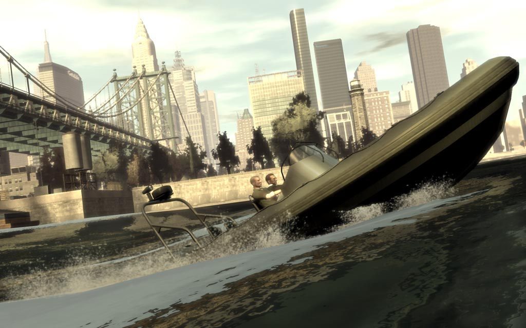 A speedboat chase on the water with the Liberty City skyline in GTA IV