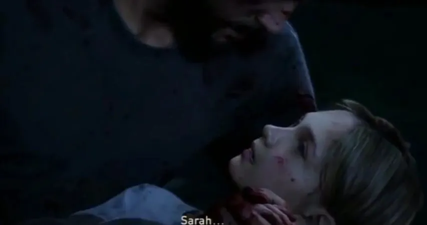 Joel holding the dying Sarah in his arms on outbreak night, 2013