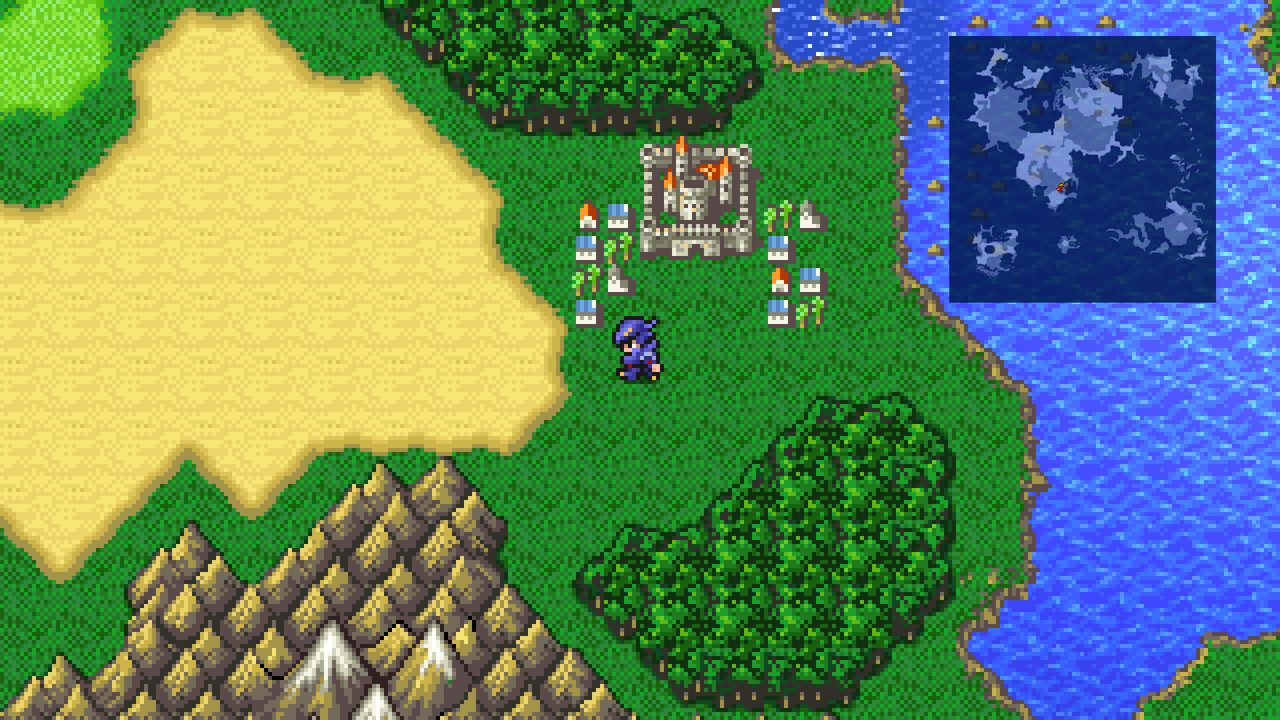 Nhóm của Cecil trên bản đồ thế giới trong Final Fantasy IV bản Pixel Remaster