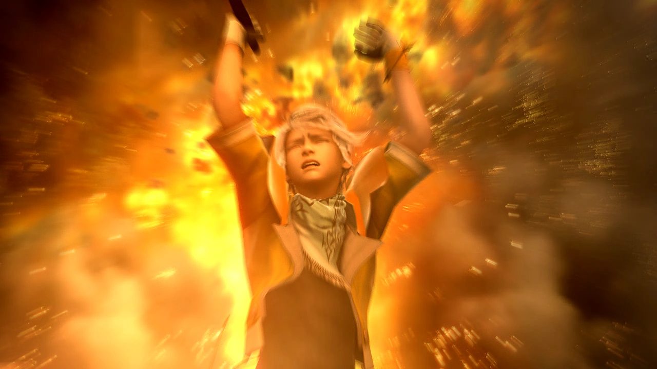 Hope in the explosion of a PSICOM warmech in Final Fantasy XIII