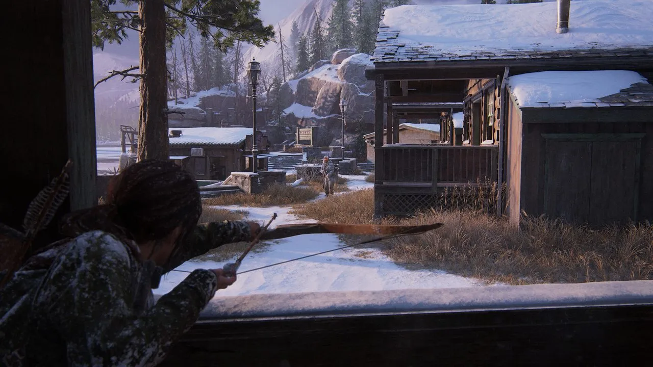 Ellie drawing her bow to hunt in the snow-covered resort of Lakeside