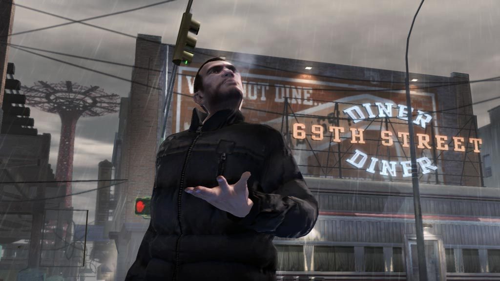 Niko Bellic standing in the rain in front of the 69th Street Diner in Hove Beach in GTA IV