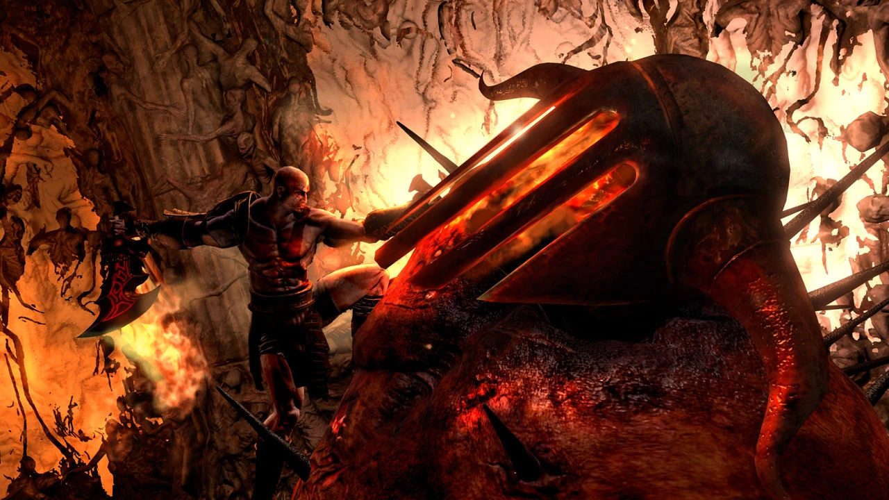 Kratos chiến đấu với Hades khổng lồ trong cung điện của ông ta ở God of War III