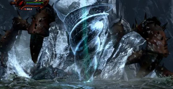 Kratos dùng phép xoáy nước chiến đấu với quái vật biển Hippocampi của Poseidon trong God of War III