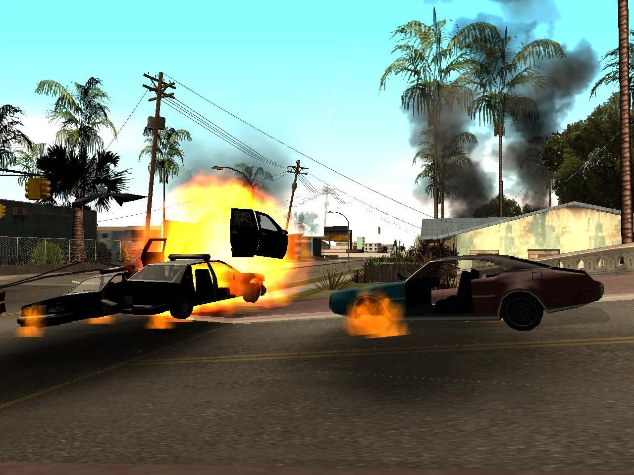 Cars burning during the Los Santos riots in Grand Theft Auto: San Andreas