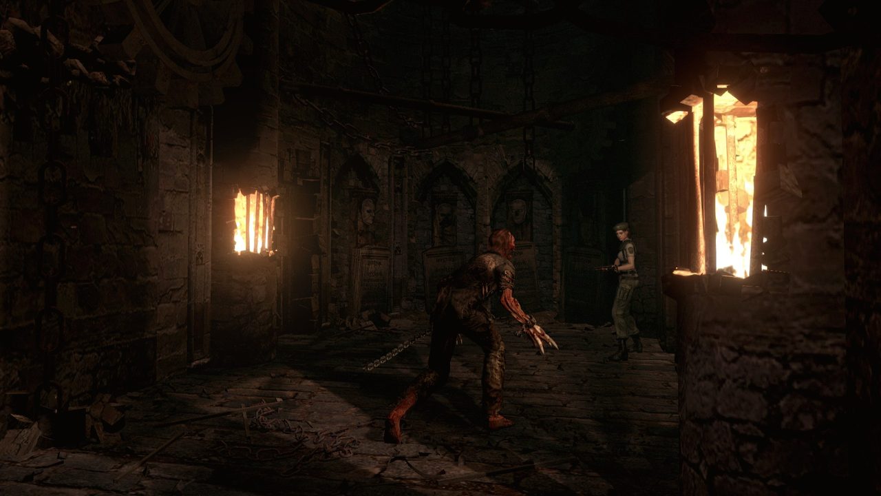 A Crimson Head lunging at Jill in a burning corridor of the Spencer Mansion, Resident Evil remake