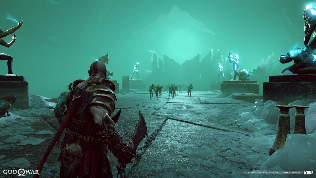 Helheim, cõi của người chết với Cầu Khốn Khổ phủ băng xanh trong God of War