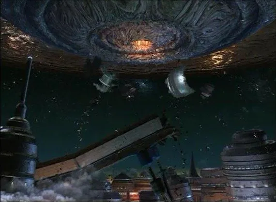 The colossal Sin hovering in the sky, sucking the ruins of Zanarkand up into the air (original PS2 version)