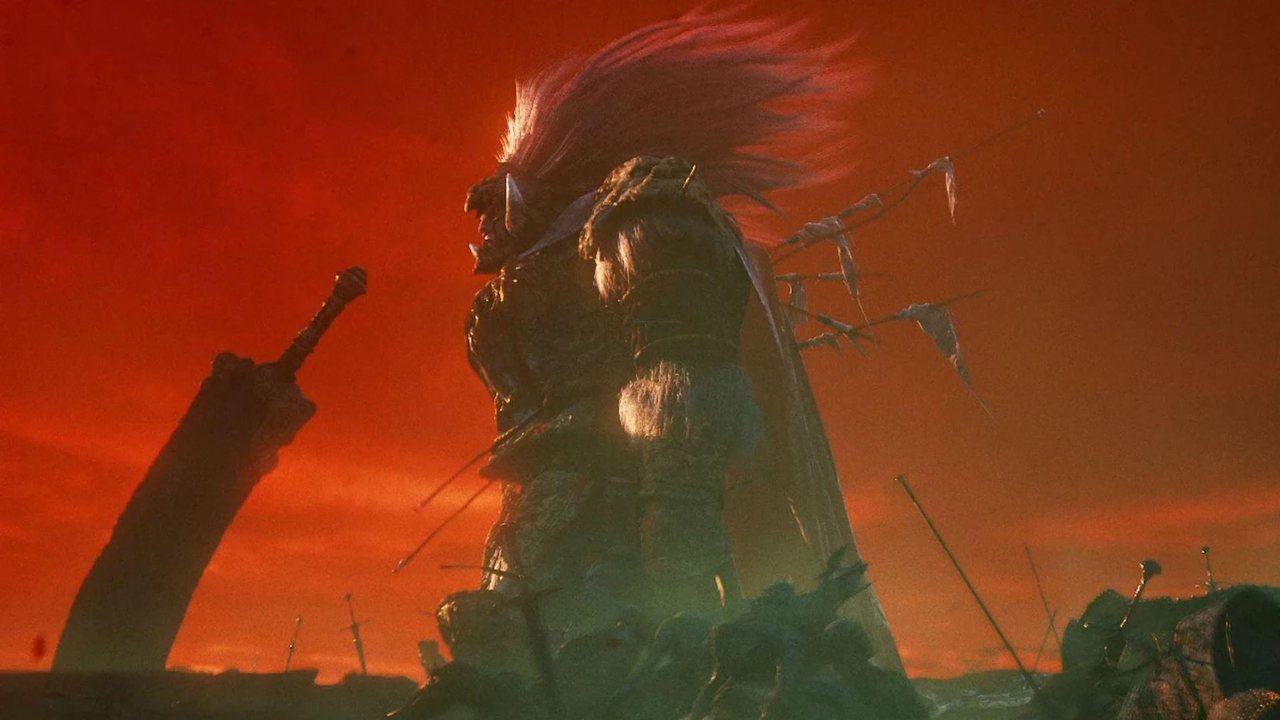 Radahn's giant red-maned silhouette in the story trailer, amid a battlefield of spears under a red sky