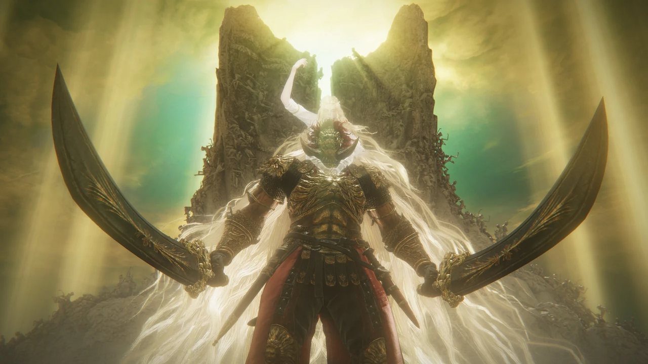 Radahn, the Promised Consort, before the Gate of Divinity, with Miquella in divine form behind him