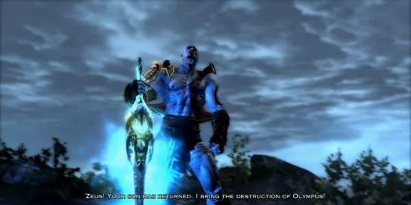 Zeus cầm Thanh Kiếm của Olympus phát sáng đối mặt Kratos trong God of War III