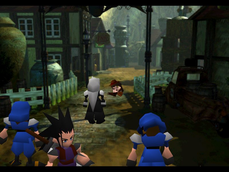 Sự thật hé lộ — Zack Fair (tóc đen) bên cạnh Sephiroth cùng hai lính Shinra, một trong số đó chính là Cloud tại Nibelheim năm xưa