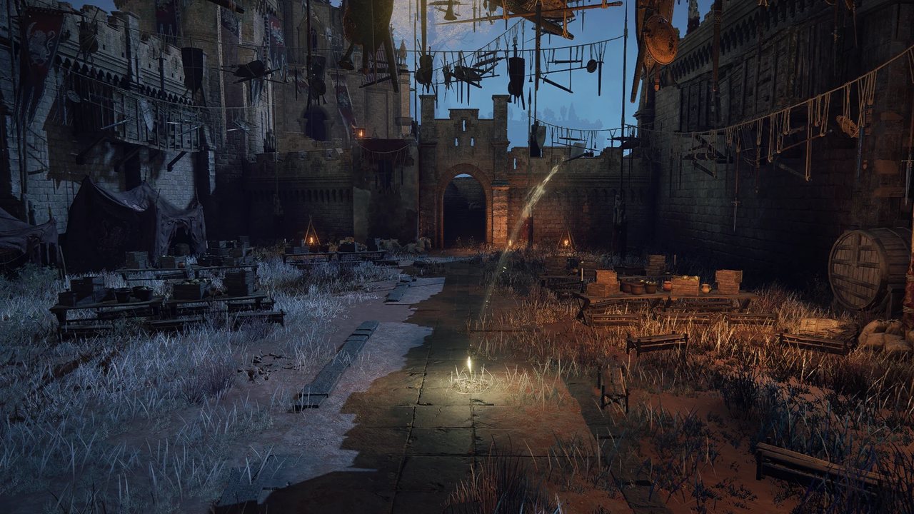 Redmane Castle plaza at night, where warriors gather for the Radahn Festival