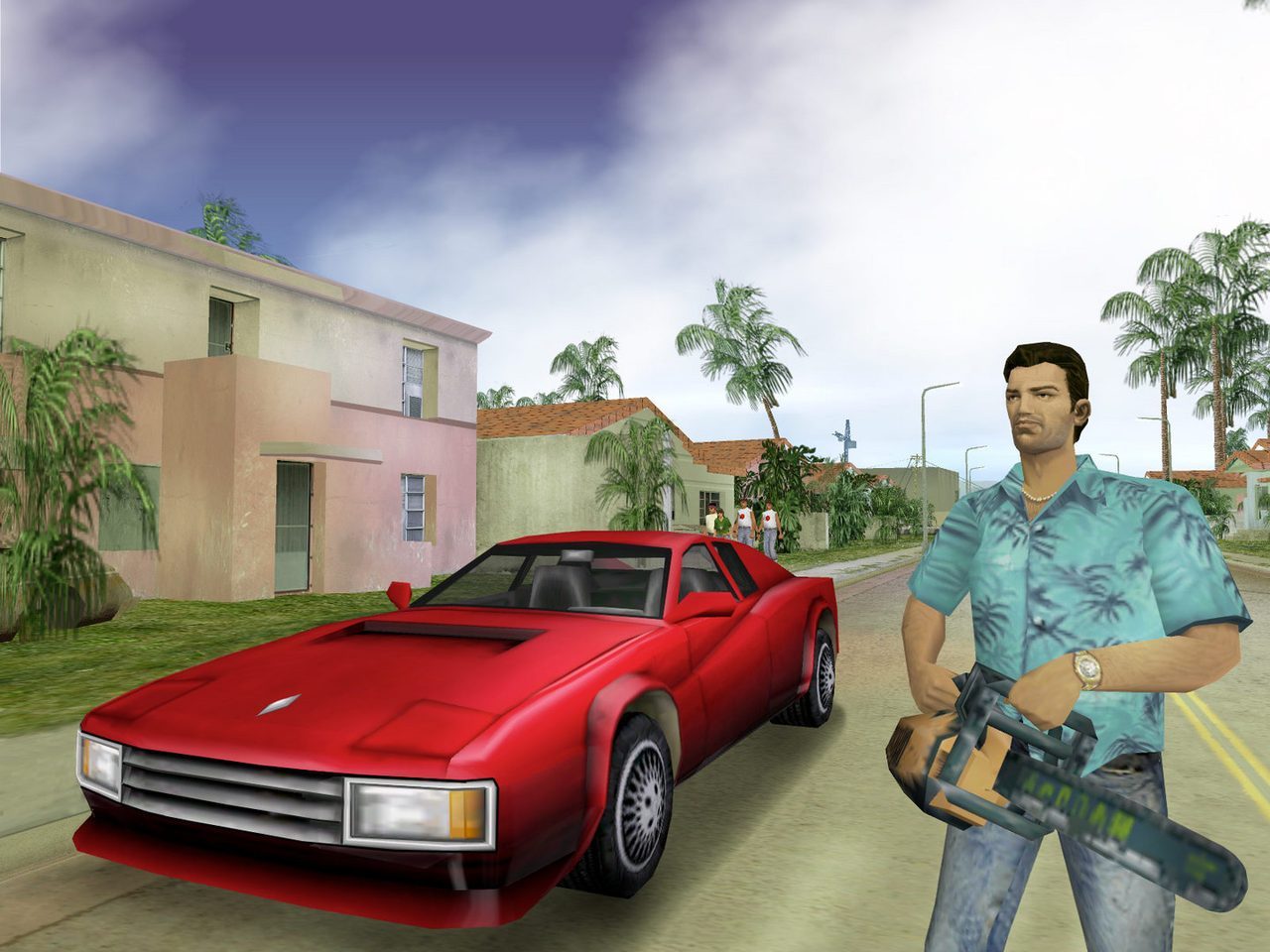 Tommy Vercetti cầm cưa máy trên đường phố khu Little Haiti, Vice City