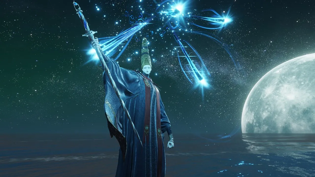 Rennala raising her scepter beneath the full moon in Liurnia