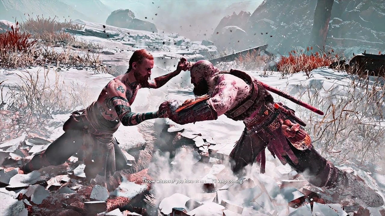 Kratos giao chiến với Kẻ Lạ (Baldur) giua tuyết trong God of War