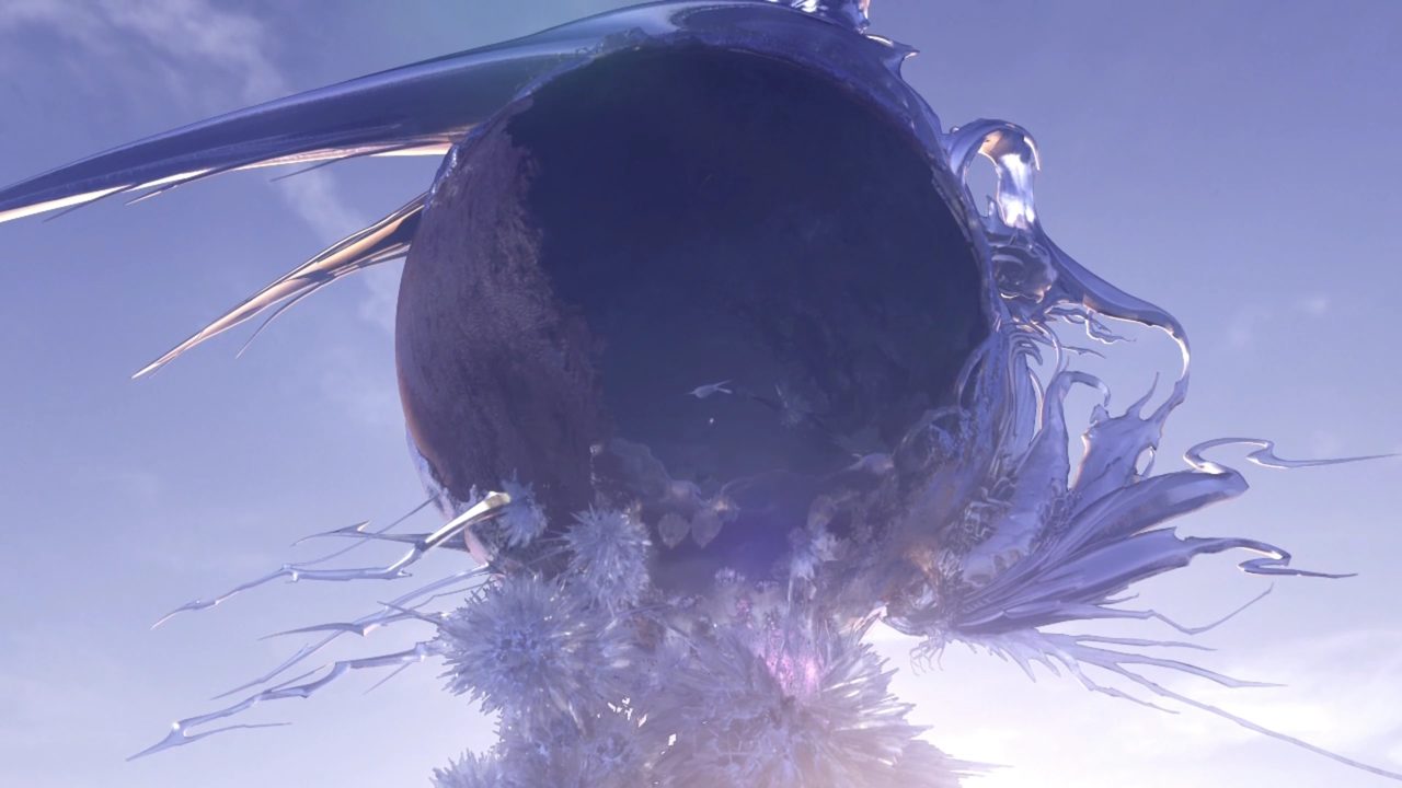 The crystallized Cocoon held aloft by the crystal pillar above Gran Pulse in Final Fantasy XIII