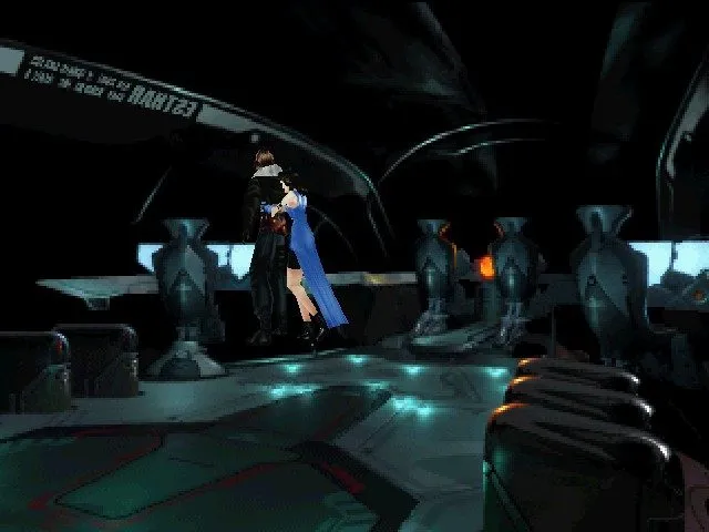 Squall and Rinoa embracing aboard the Ragnarok in space