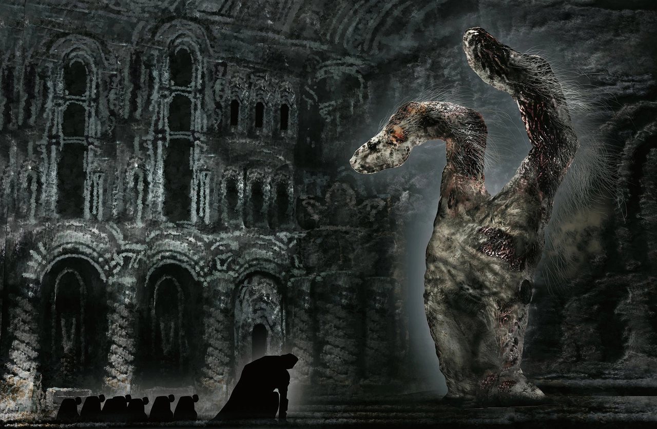 Concept art Two Fingers khổng lồ vươn lên trong một thánh đường đổ nát của Elden Ring