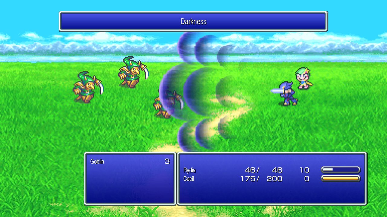 Cecil trong vai hắc kỵ sĩ dùng chiêu Darkness trong Final Fantasy IV bản Pixel Remaster