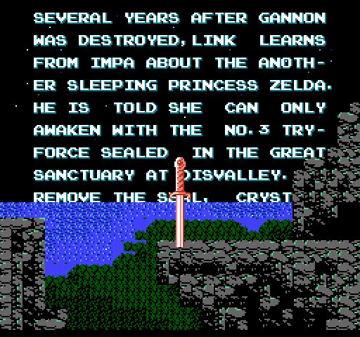 Zelda II's opening screen telling of the sleeping Princess Zelda