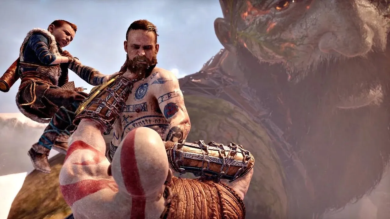 The final battle between Kratos, Atreus and Baldur on the hand of the giant corpse Thamur