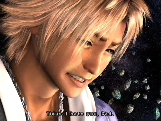 Tidus in tears before Jecht in his Final Aeon form: 'I hate you, Dad' (original PS2 version)