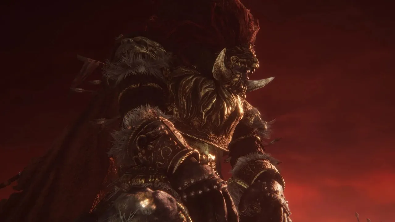 General Radahn in his lion armor beneath the red sky of Caelid