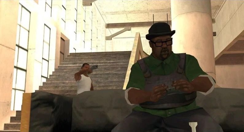 CJ confronting Big Smoke in the crack palace in Los Flores in Grand Theft Auto: San Andreas