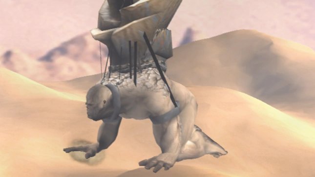 Titan Cronos cõng ngôi đền Pandora trên lưng bò qua sa mạc trong God of War 2005