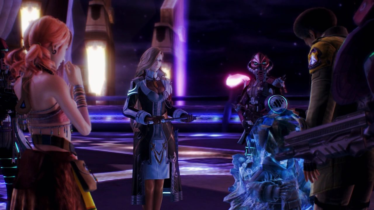 Jihl Nabaat confronting Sazh and Vanille beside the crystallized Dajh in Final Fantasy XIII