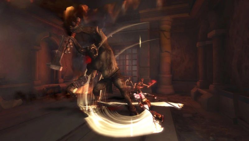 Kratos chiến đấu với Cyclops trong ngôi đền bốc cháy tại Sparta