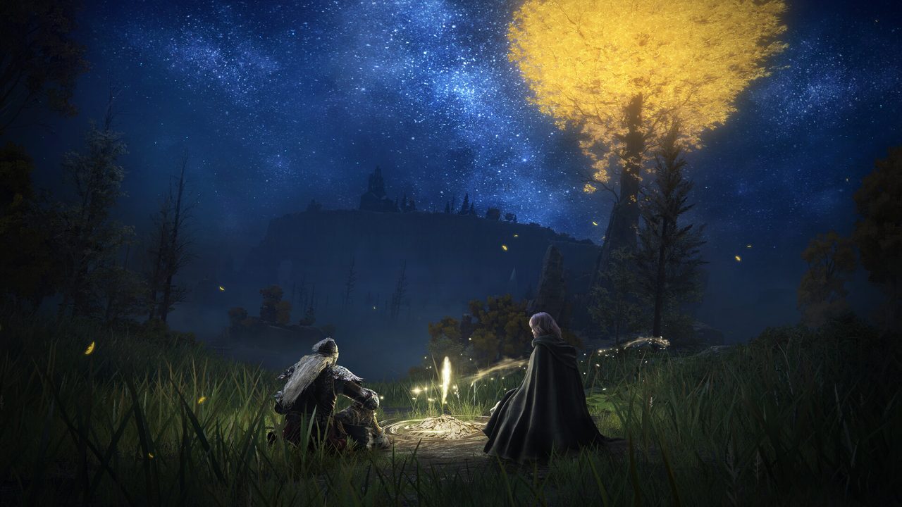 Two figures resting at a Site of Grace beneath the Erdtree at night