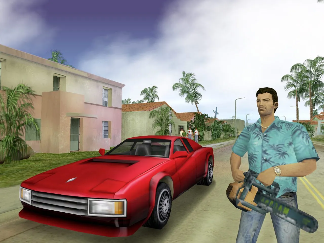 Tommy Vercetti holding a chainsaw on a street in the Little Haiti district, Vice City