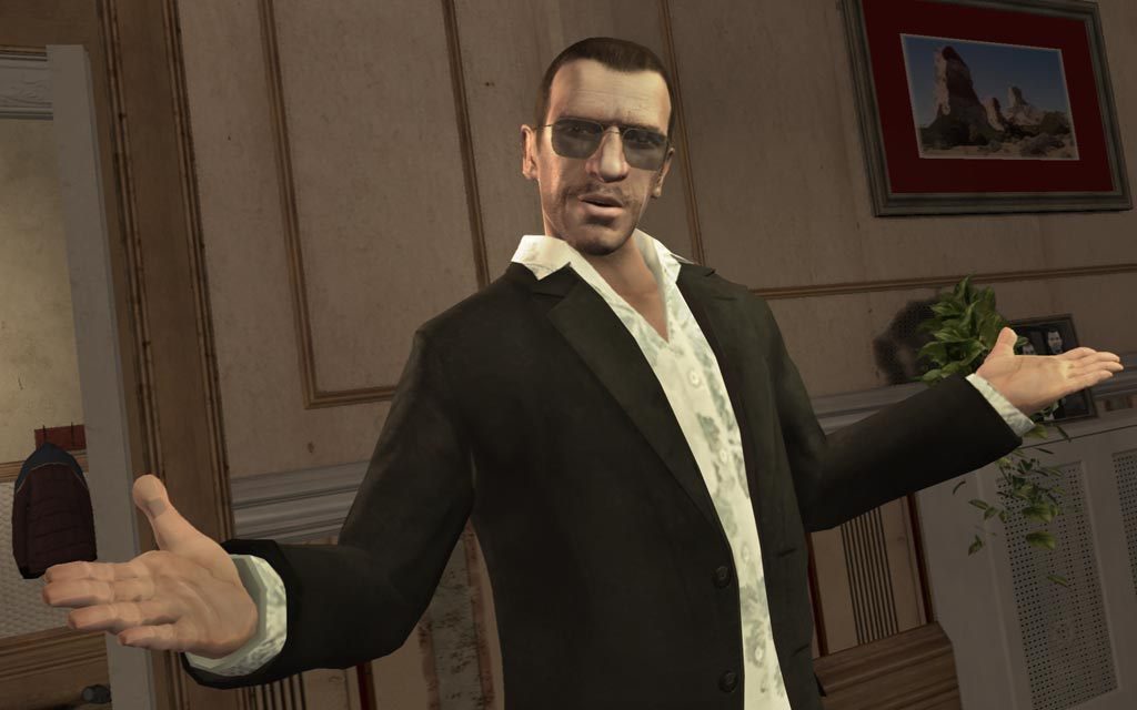Dimitri Rascalov spreading his arms in a suit in GTA IV