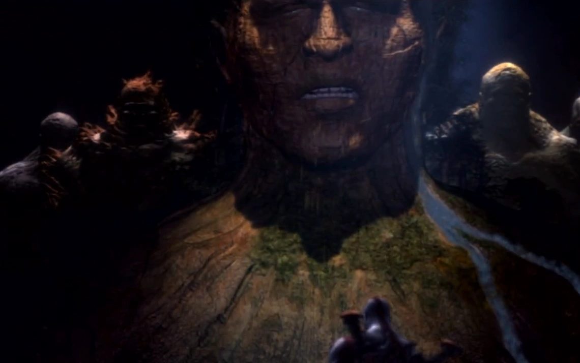 Gaia khổng lồ và các Titan hiện ra cứu Kratos trong Âm phủ, God of War II