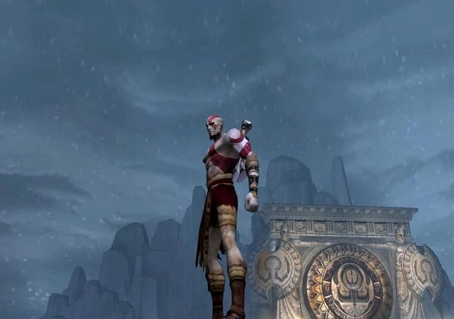 Kratos đứng trên Vách Đá Tự Sát, vách núi cao nhất Hy Lạp trong God of War 2005