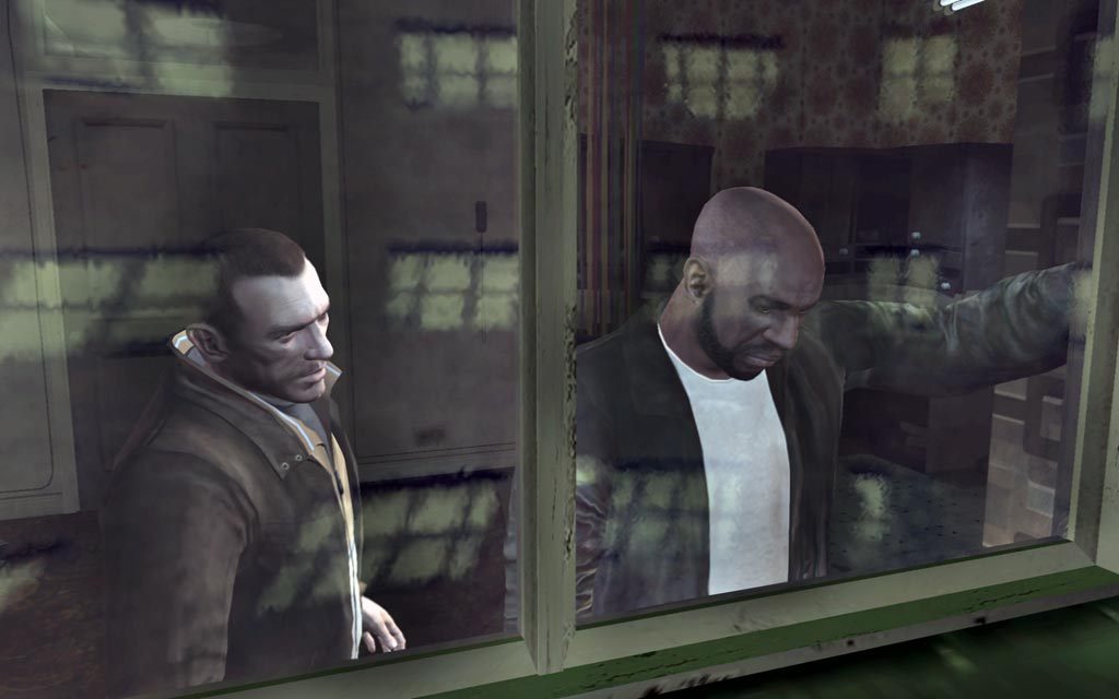 Niko Bellic talking with Playboy X through an apartment window in GTA IV