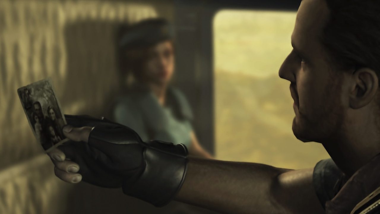 Barry Burton looking at the family photo Umbrella used to blackmail him, Jill behind him, Resident Evil remake
