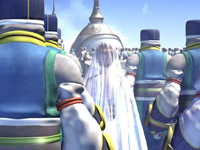 Yuna in her wedding dress walking between rows of Yevon soldiers into Bevelle Temple (original PS2 version)