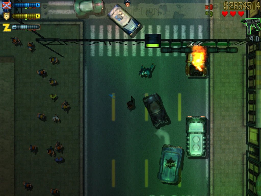 Gameplay GTA 2 với các thanh đo Respect của băng đảng trên màn hình
