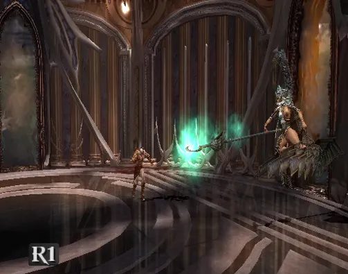 Kratos đối đầu Lahkesis trong phòng ngai Đền thờ Định mệnh, God of War II