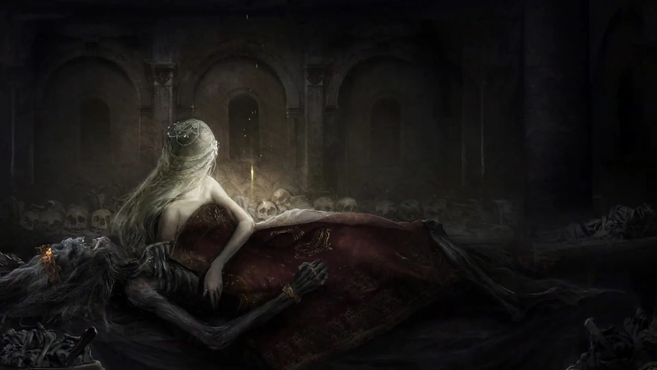Fia lying beside Godwyn's corpse in Deeproot Depths to conceive the Mending Rune