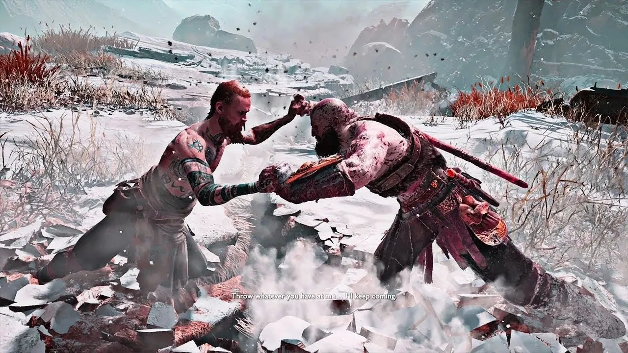Kratos fighting the Stranger (Baldur) in the snow in God of War