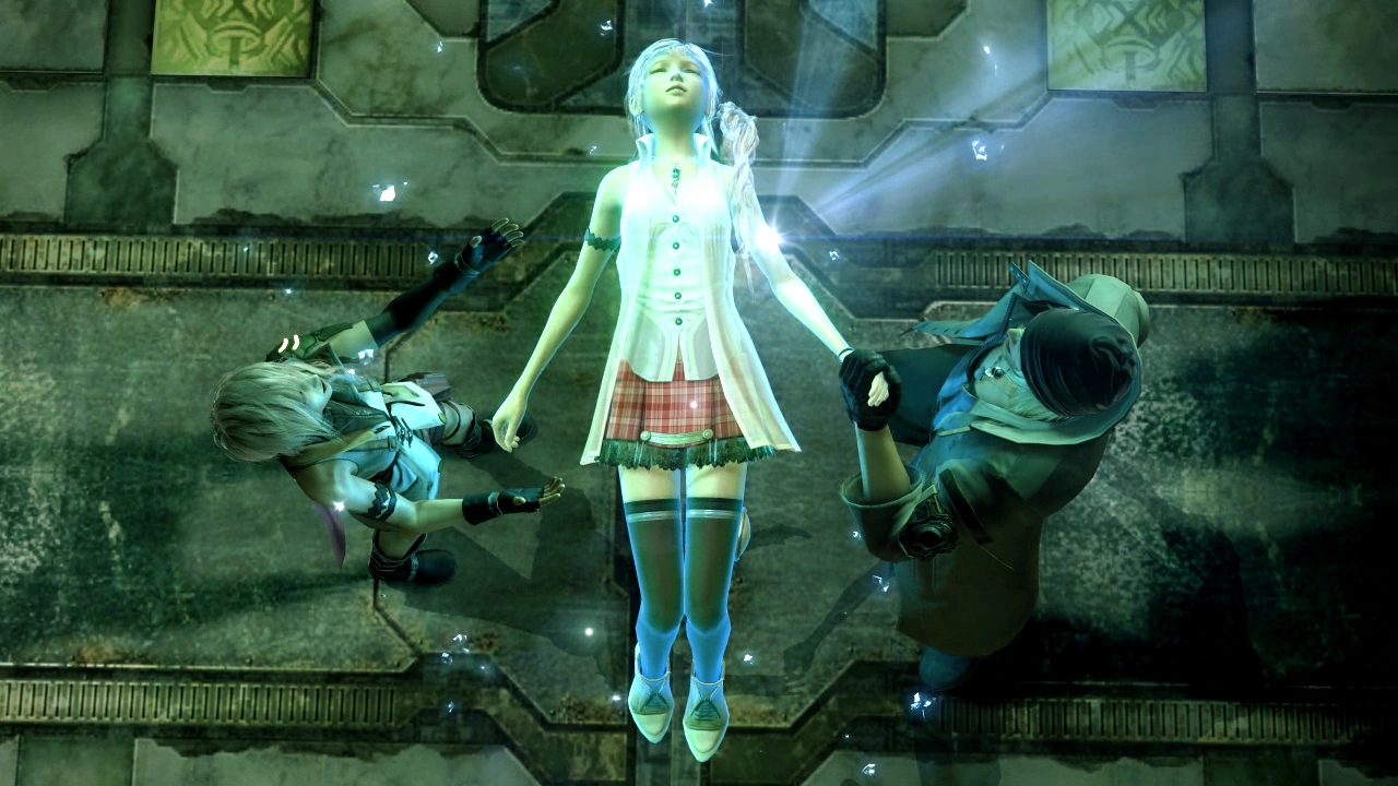 Serah turning to crystal in the arms of Lightning and Snow in Final Fantasy XIII