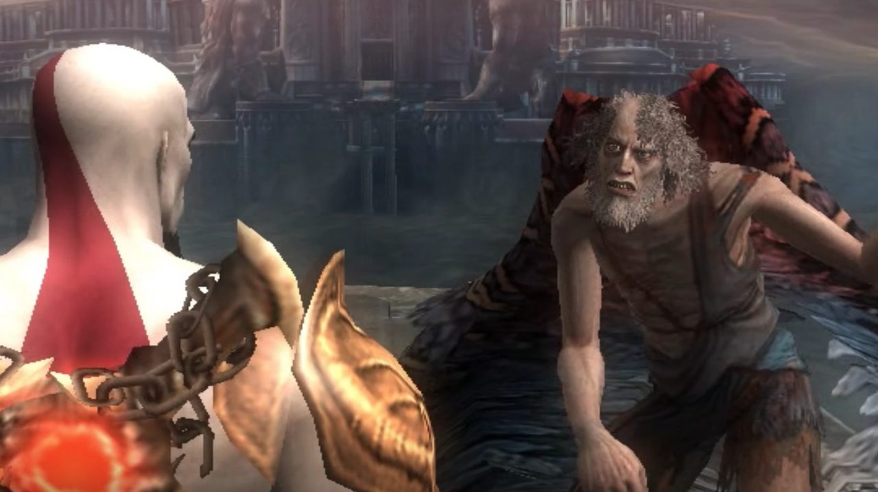 Kratos đối mặt Icarus gầy gò với đôi cánh dưới gầm cầu Great Chasm trong God of War II
