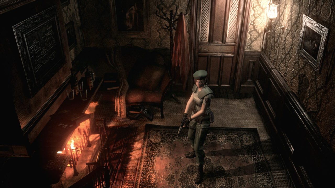 Jill Valentine with her handgun exploring a candle-lit corridor of the Spencer Mansion, Resident Evil remake