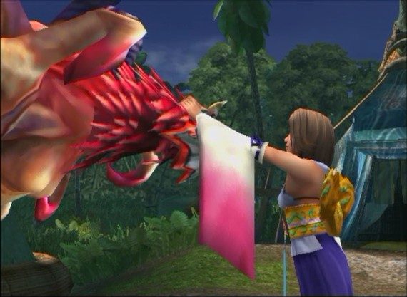 Yuna vuốt ve aeon Valefor sau khi triệu hồi thành công tại đền Besaid (bản PS2 gốc)