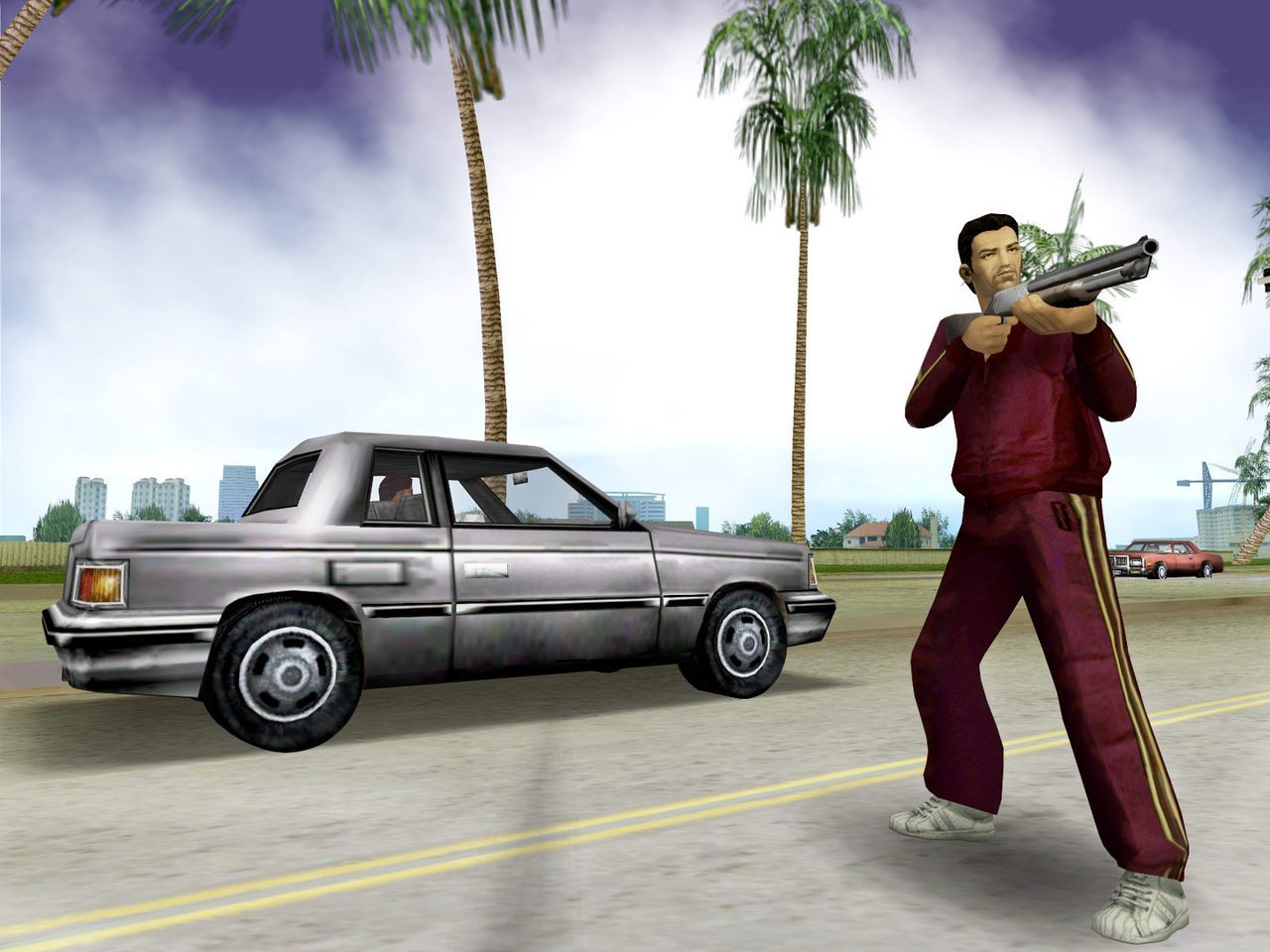 Tommy Vercetti cầm shotgun sẵn sàng chiến đấu trong Grand Theft Auto: Vice City